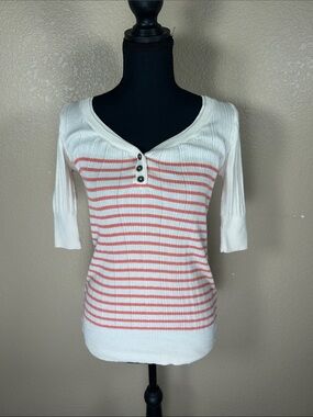 Striped Ribbed Henley Top | Mud, White & Coral | Size Large